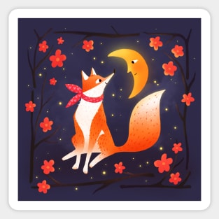 Cute fox , crescent moon and flowers, version 1 Sticker